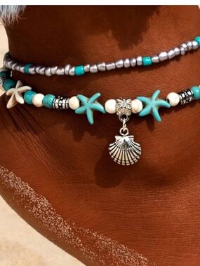 Beach Starfish Charm Ankle Bracelet - Turquoise & Silver